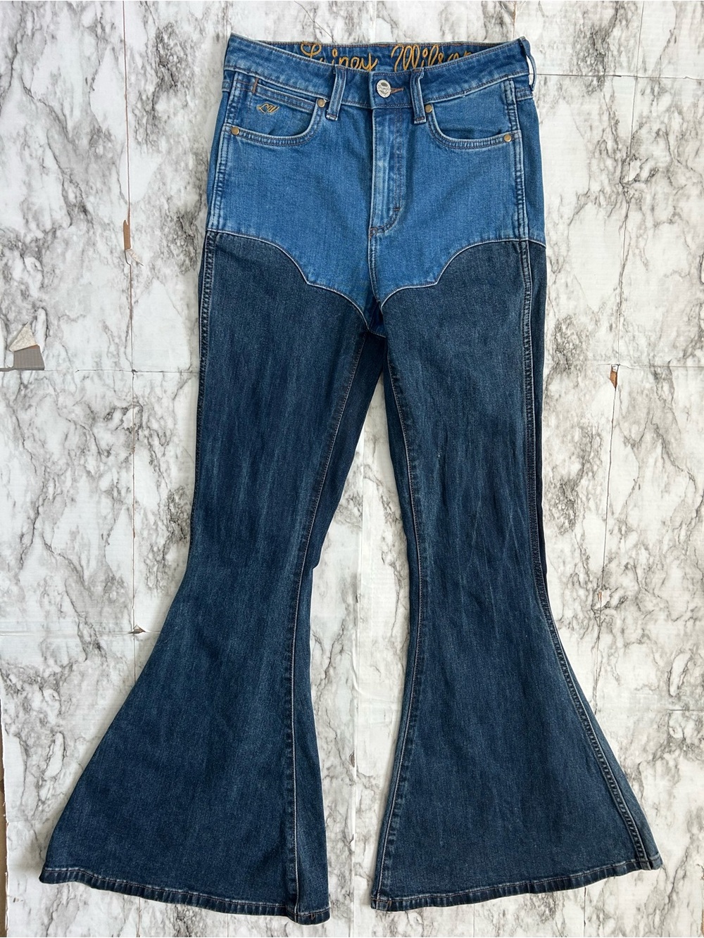 Two-Tone Flared Women's Jeans - Blue - Picture 1 of 13
